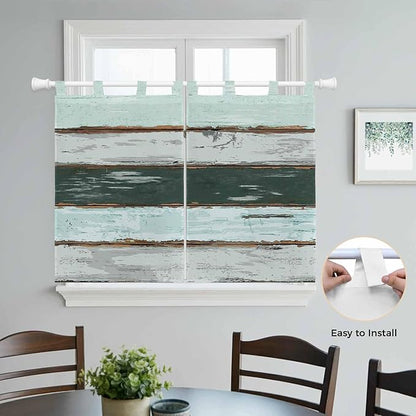 Blue Teal Kitchen Curtains 45 Inch Length, Short Cafe Window Curtains Tab Top, Vintage Wooden Retro Art Farmhouse Barns Light Filtering Window Treatments Tier Drapes 27.5"x45" 2 Panel