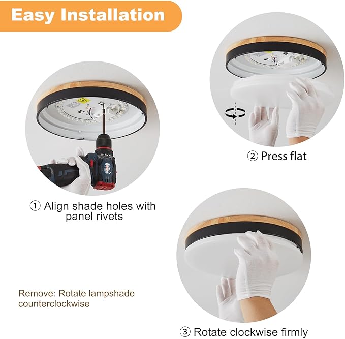 Modern Wood Led Ceiling Lights with Remote, Dimmable 11.8in Black Flush Mount Ceiling Light, 24W 3000K-6000K Light Color Adjustable, 2200LM Round Ceiling Lamp for Bedroom, Kitchen, Hallway