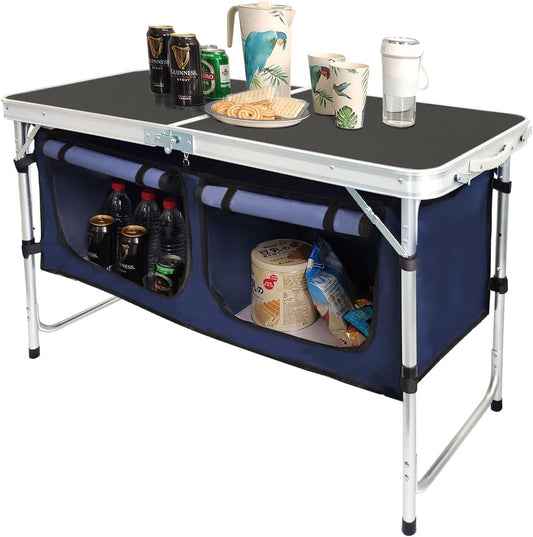 CampLand Outdoor Folding Table Aluminum Lightweight Height Adjustable with Storage Organizer for BBQ, Party, Camping