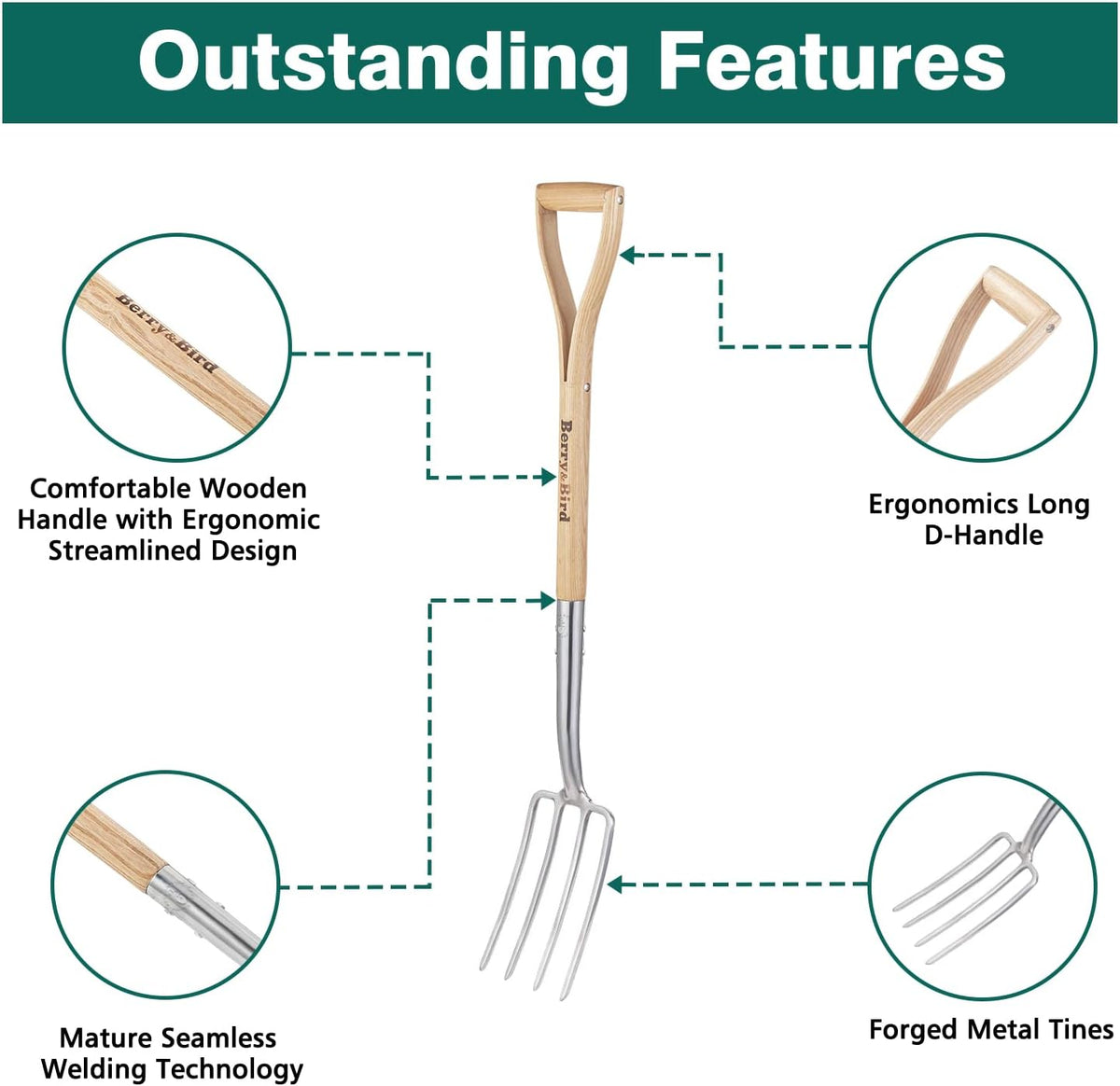 Berry&Bird Gardening Digging Fork, 4-Tine Stainless Steel Pitchfork, 43.9" Heavy Duty Spading Fork with D-Grip Handle and Ergonomic Ash Wood Handle for Digging, Planting, Cultivating, Aerating