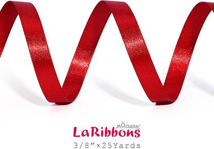 LaRibbons Bright Red Satin Ribbon 3/8 Inch 25 Yards Luxury Double Faced Red Ribbon for Gift Wrapping Flower Bouquet Crafts Wedding Party Christmas Decoration