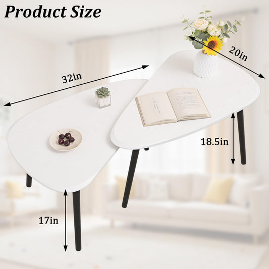 Nesting Triangle Coffee Table End Tables Set of 2 for Living Room Bedroom, Industrial Small Stacking Side Tables for Couch, White