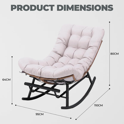 COMHOMA Outdoor Rocking Papasan Chair, Oversized Wicker Patio Rocker, Indoor Comfy Wicker Reading Lounge, Bed-Like Comfort Egg Chair for Bedroom,Balcony, Porch, Garden, Beige