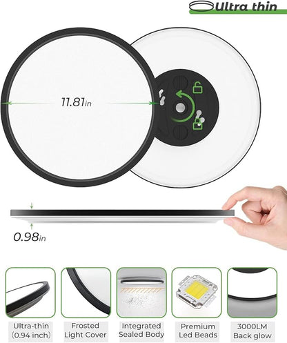 zemty 6Pack 12 Inch LED Flush Mount Ceiling Light, 28W 3200lm Black Thin Flat Surface Mount Lights, 3 Color Temperature in One 3000k/4500k/6000K Low Profile Lighting Fixture for Bathroom Kitchen