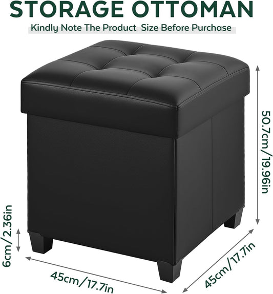 17.7" Ottoman with Storage, Square Storage Ottoman for Dorm, Faux Leather Ottomans with Legs for Living Room, Bedroom, Black