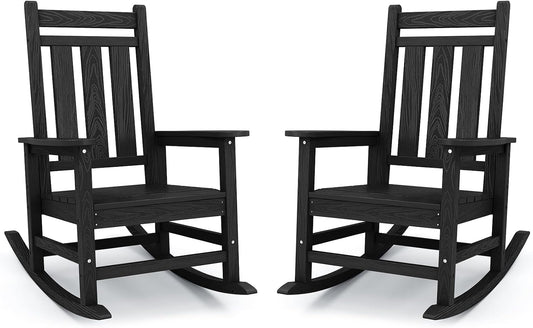 KINGYES Oversized Outdoor Rocking Chair Set of 2, HDPE Patio Rockers, Black | | All-Weather Patio Rocking Chairs for Porch | High Back & Wide Seat for Garden, Lawn