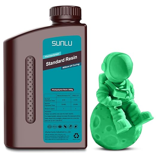 SUNLU 3D Printer Resin 1kg, Fast Curing Standard 3D Resin for LCD DLP SLA Resin 3D Printers, 395 to 405nm UV Curing 3D Printing Liquid Photopolymer Resin, Low Shrinkage, High Precision, 1000g, Green
