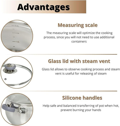 Daniks Modern 6-Piece Stainless Steel Induction Cookware Set – Dishwasher Safe Pots with Heatproof Handles, Glass Lids, Silver