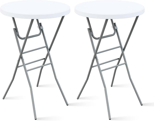 28” Round Folding Bar Table, High Top Cocktail Table with Locking Mechanism, HDPE Waterproof Stain-Resistant Top, Indoor Outdoor Patio Garden Party, White, 2 PCS