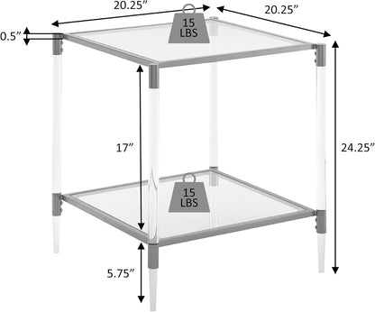 Convenience Concepts Royal Crest Acrylic Glass Square End Table 20.25" - Modern 2-Tier Tempered Glass Living Room Side Table with Storage Shelf, Gold Chrome Frame Table with Acrylic Legs, Glass, Gold