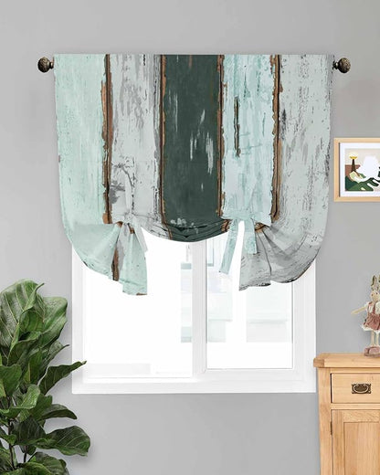 Tie Up Curtains for Windows, Blue Teal Adjustable Balloon Nature Linen Textured Kitchen Curtain, Vintage Wooden Retro Art Farmhouse Barns Thermal Insulated Curtains for Window, 42" x 54"