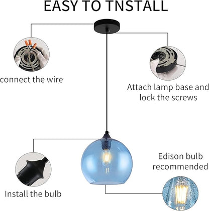 Blue Pendant Lights Kitchen Island Lighting Modern Globe Hand Blown Glass Pendant Light Ceiling Hanging Light fixtures for Kitchen Island Bedroom Living Dining Room Light Fixture,9.8in