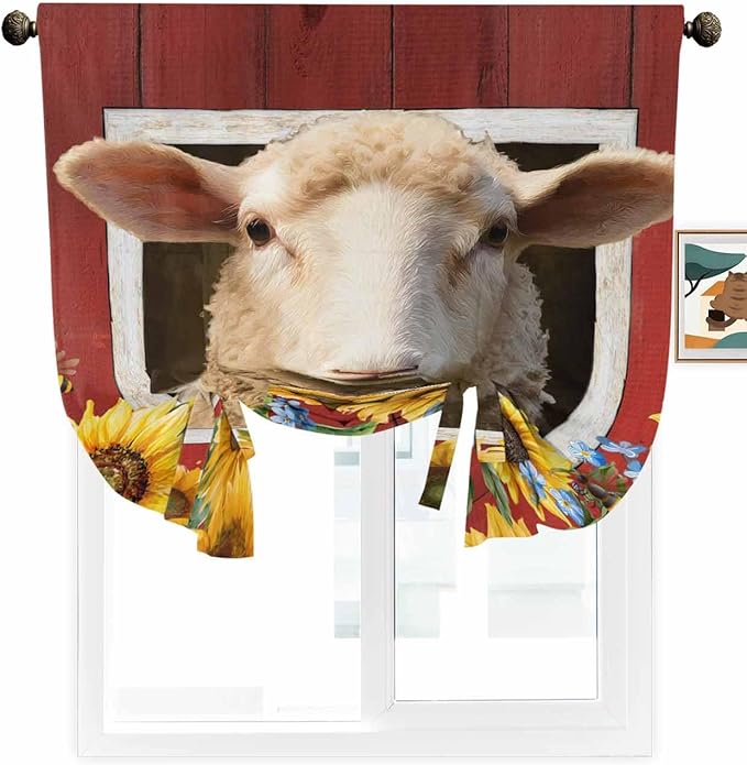 Tie Up Curtains for Windows, Sheep Sunflower Adjustable Balloon Nature Linen Textured Kitchen Curtain, Country Red Farm Barn Spring Flowers Room Darkening Curtains for Glass Door, 42 x 45 in