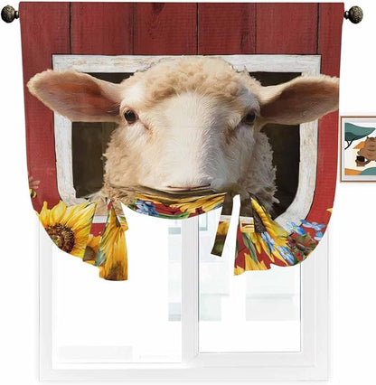 Tie Up Curtains for Windows, Sheep Sunflower Adjustable Balloon Nature Linen Textured Kitchen Curtain, Country Red Farm Barn Spring Flowers Privacy Curtains Balloon Blind for Cafe, 42 x 63 Inches