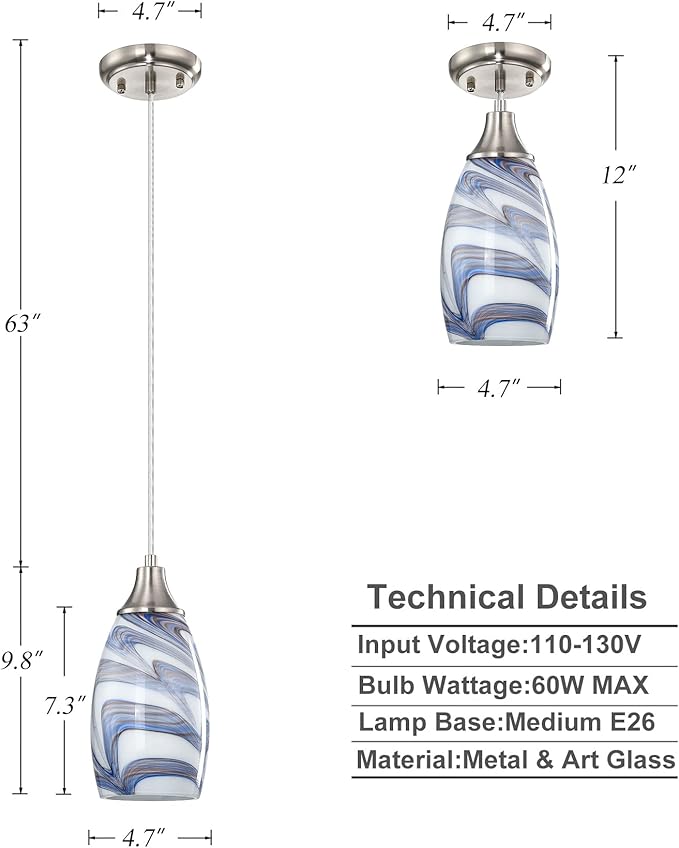 Mini Art Glass Pendant Lights Kitchen Island Blown Glass Pendant Lighting with Brushed Nickel Finish Adjustable Cord Ceiling Hanging Lamp for Hallway,Dining Room White and Dark Blue-1P