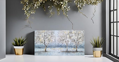 NdcSkyArt Blue Grey Tree Paintings Hand Painted Canvas Wall Art with Gold Foil Modern Abstract Grey Contemporary Rustic Farmhouse Family Tree Landscape Pictures Scenery Artwork