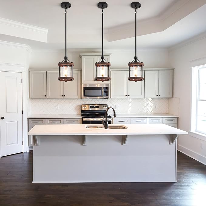 SGLfarmty Farmhouse Pendent Lights for Kitchen Island, Rustic Black and Wood Light Fixtures with Glass, Bronze Pendant Lamps Over Table, Chain Hanging Light for Dining Room, Sink, Bar, 1 Pack