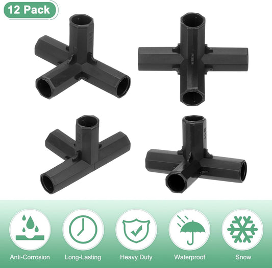 12 Pcs 11mm Greenhouse Frame Building Connectors, 4 Way Right Angle Pipe Fitting for Grape Trellis/Sunscreen Shed/Gardening Plant Stakes, Greenhouse Accessories [Black]