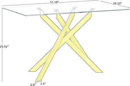 51" Rectangular Glass Dining Table Modern Kitchen Glass Top Table for 4 with Gold Metal Legs, Clear Dining Table Kitchen Table for Home Office Dining Room