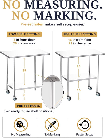 Atelicf NSF Stainless Steel Prep Table 24X48 inch, Flat Top & Casters | Mobile commercial-grade table for restaurants, kitchens, food trucks, breweries, bars, garages, and BBQ