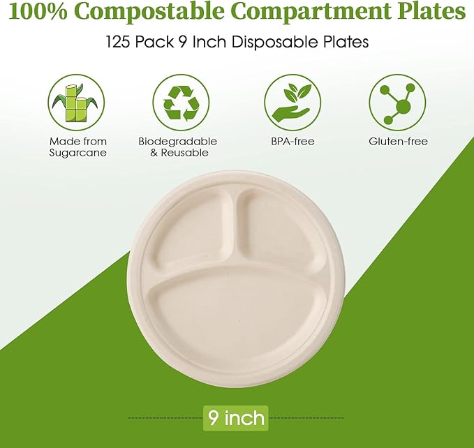 ECOLipak 125 Pack Compostable 3 Compartment Plates, 8.85 inch Heavy-Duty Disposable Paper Plates, Eco-Friendly Biodegradable Sugarcane Bagasse Divided Plate for Dinner