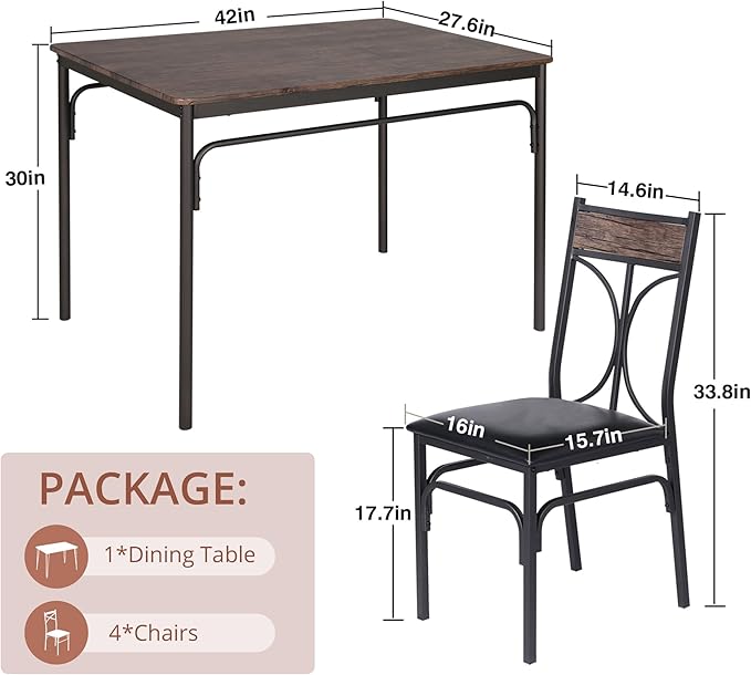 VECELO Kitchen Dining Room Table Set with 4 Chairs for Small Space, Apartment,Metal Steel Frame