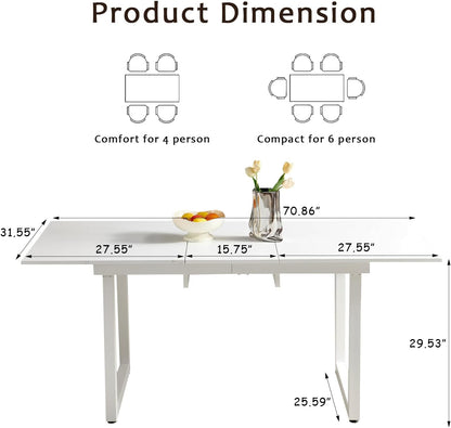Extendable Dining Table for 4-6 People,70.86''Modern Space-Saving Kitchen Table with Metal Legs,Foldable Rectangular Conference Table for Living Room & Kitchen Meetings(White)