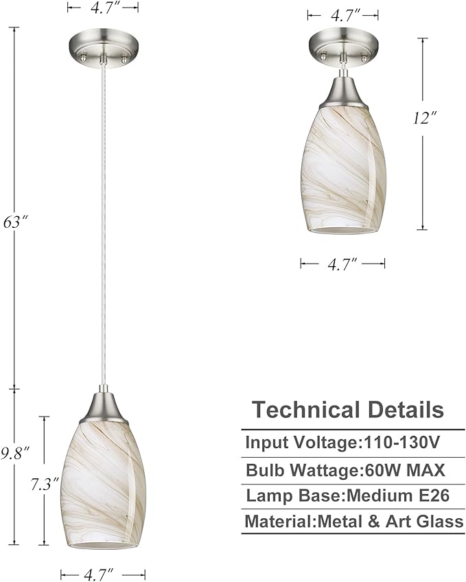 Mini Pendant Lights Kitchen Island Beige Marble Glass Lamp Shade Hand Blown Glass Pendant Light with Brush Nickel Finish Adjustable Cord for Kitchen Over Sink Hallway,Dining Room