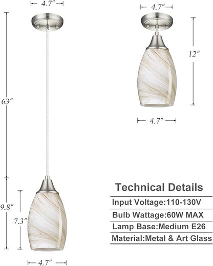Mini Pendant Lights Kitchen Island Beige Marble Glass Lamp Shade Hand Blown Glass Pendant Light with Brush Nickel Finish Adjustable Cord for Kitchen Over Sink Hallway,Dining Room