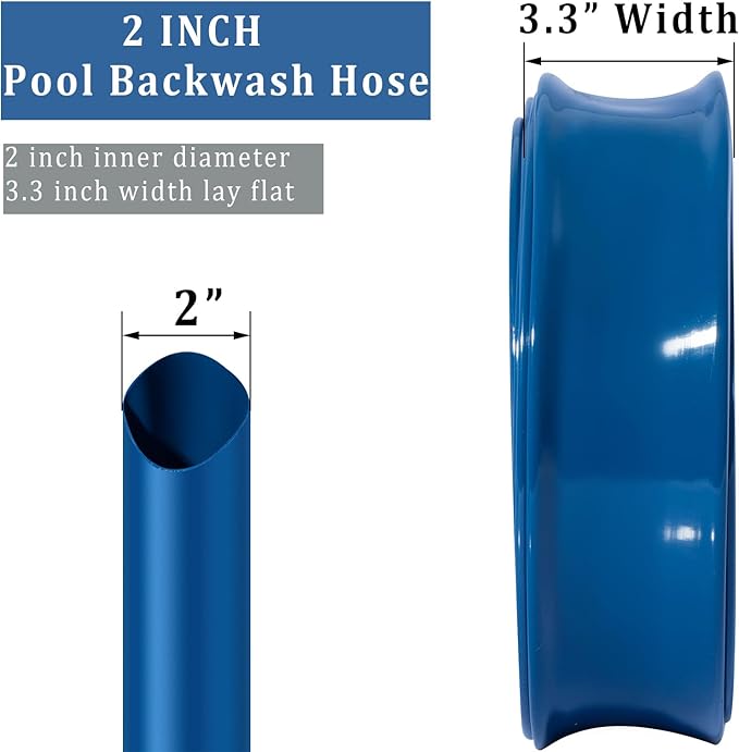 Pool Backwash Hose 2 inch × 25 ft Thicken Blue Water Discharge Pipe Lay Flat Tubing Hose for Backwash Pool Filter, Drain Pool Pond Water (2in-25ft Vinyl Tubing)