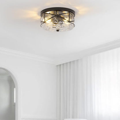 LamQee 9.8" Small Flush Mount Ceiling Light With Clear Hammered Glass, Black Hallway Light Fixtures Ceiling Mount for Bathroom, 2-Lights Farmhouse Close To Ceiling Light Kitchen Foyer Entryway Bedroom