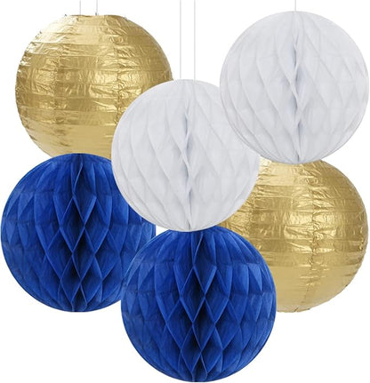 Navy-Blue White Gold Party Decorations - 14pcs Kits Paper Lanterns Fan,Tissue Flower Pom Poms Streamers,Honeycomb Balls,Graduation 2025 Men Birthday Wedding Baby Bridal Shower Decor Lasting Surprise