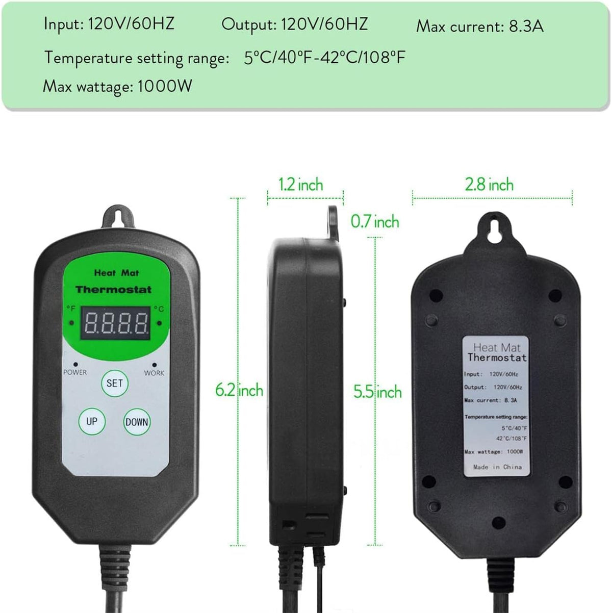 Digital Heat Mat Thermostat Temperature Controller (EMC Certified) for Seed Germination, Reptiles and Brewing Breeding Incubation Greenhouse, 42 °F to 108 °F/ 5 ℃ to 40 ℃, 1000W