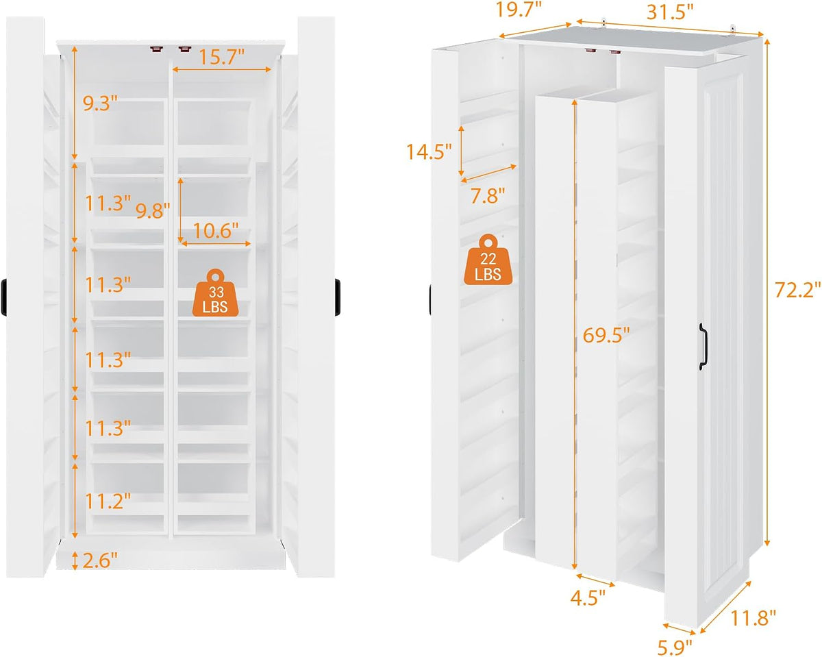 AIEGLE Kitchen Storage Cabinet with Doors & Rotatable Shelves, 72" Tall Food Pantry Cabinet with 9-Tier Shelves, Modern Multi-Layer Storage Cupboard for Dining Room, Craft Room, White