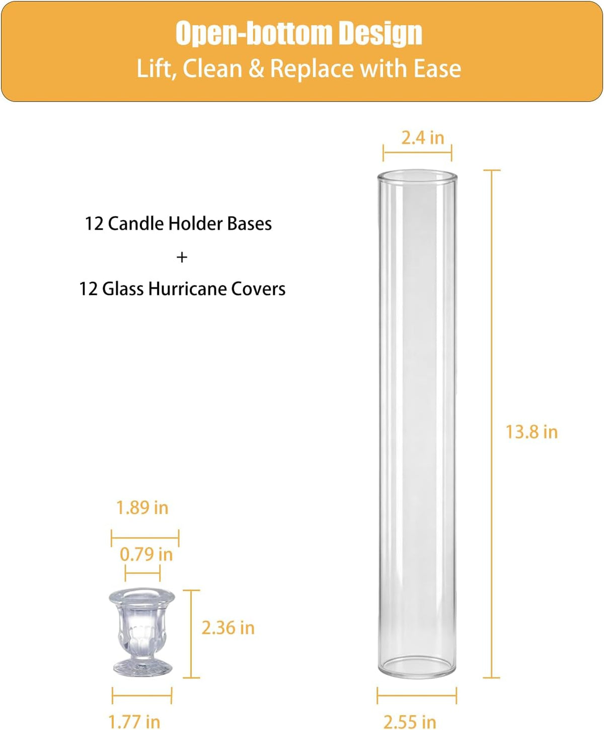 Glass Hurricane Candle Holders – 12 Clear Cylinder Covers & 12 Taper Candlestick Holders, 2.6" D x 13.8" H Windproof Candle Holders for Wedding, Patio Table, Outdoor Christmas Party Décor (12)