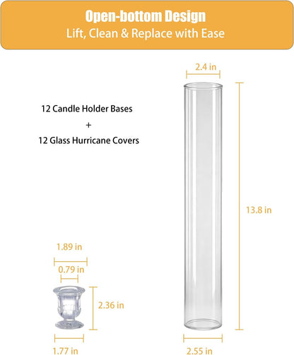 Glass Hurricane Candle Holders – 12 Clear Cylinder Covers & 12 Taper Candlestick Holders, 2.6" D x 13.8" H Windproof Candle Holders for Wedding, Patio Table, Outdoor Christmas Party Décor (12)