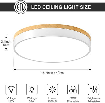 Dimmable Wood LED Ceiling Light Fixture, White Round Low Profile Flush Mount Ceiling Lighting, Modern 5CCT 2700K-6000K Ceiling Lamp for Living Room Hallway Kitchen Bedroom, 15.8in, YY20240516D