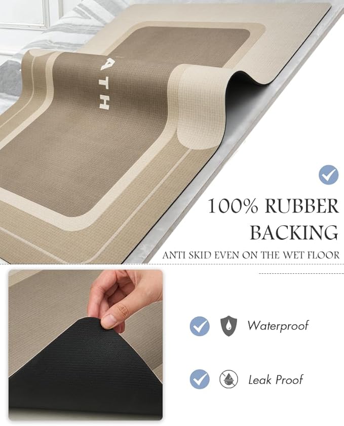 MontVoo-Bath Mat Rug Long Non Slip Super Absorbent Bathroom Runner Stain Resistant Quick Dry Thin Bathroom Mat Fit Under Door-17"x59",Beige