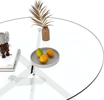 47.24" Round Glass Dining Table Modern Kitchen Glass Top Table for 6 with Silver Metal Legs, Clear Dining Table Kitchen Table for Home Office Dining Room