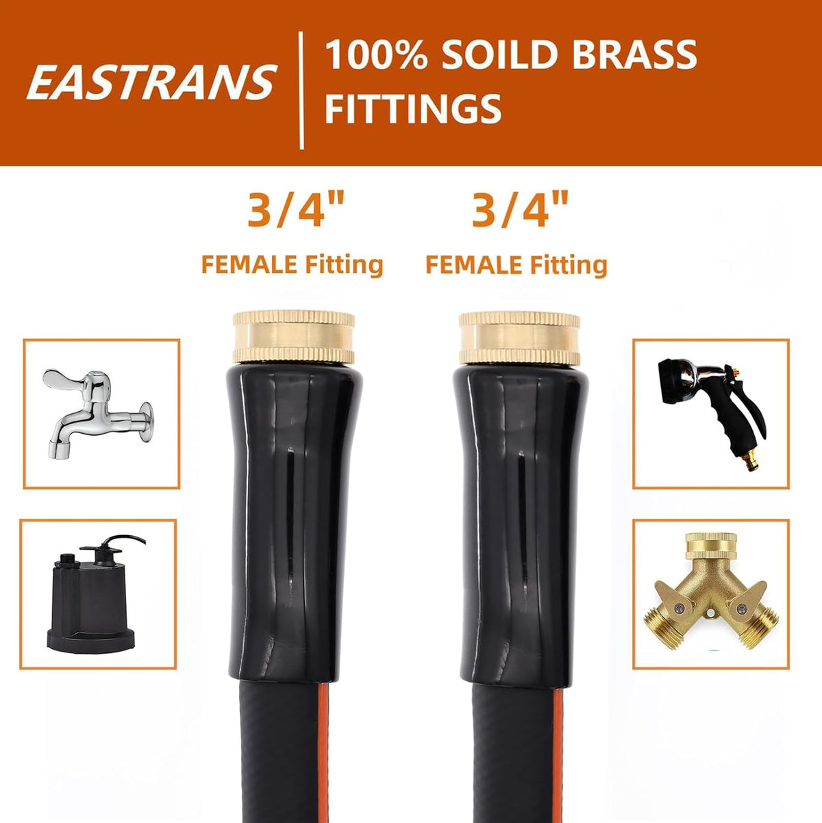 EASTRANS Female to Female Garden Hose 3 ft x 5/8", Heavy Duty Short Water Hose with 3/4" Solid Brass Connector, Flexible, Lightweight, Black & Orange