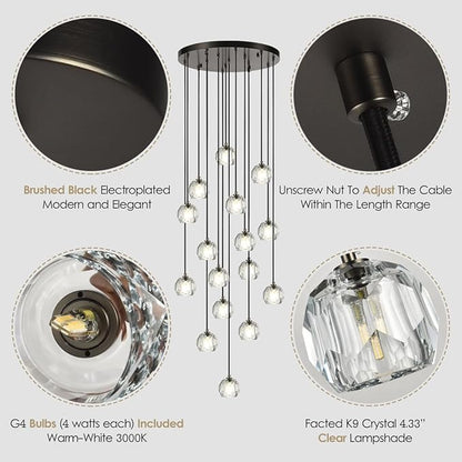 High Ceiling Foyer Chandelier, Brushed Black 16 Lights Crystal Staircase Chandelier, Modern Cut Pendant Raindrop Cluster Lighting Fixture for Entryway Living Room