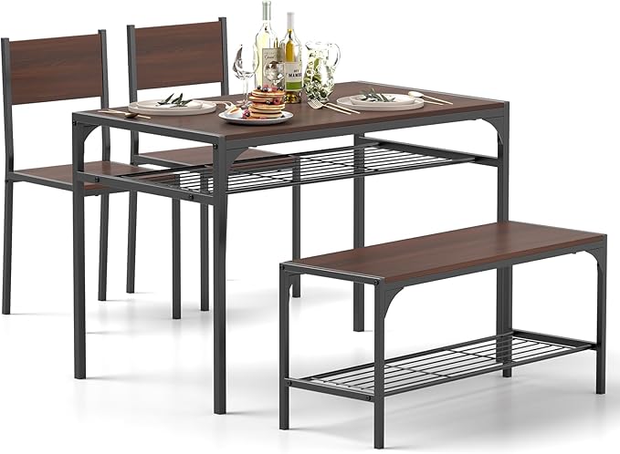 Tangkula Dining Table Set for 4, Kitchen Table and 2 Chairs for 4 with Bench, Additonal Storage Rack, 4 Piece Dining Table Set for Small Space, Apartment