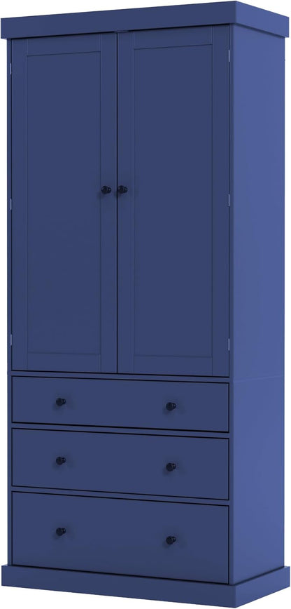 77" Tall Farmhouse Kitchen Pantry Cabinet, Freestanding Food Storage Cupboard with 3 Adjustable Shelves, 8 Door Shelves & 3 Drawers for Kitchen & Dining Room, Blue