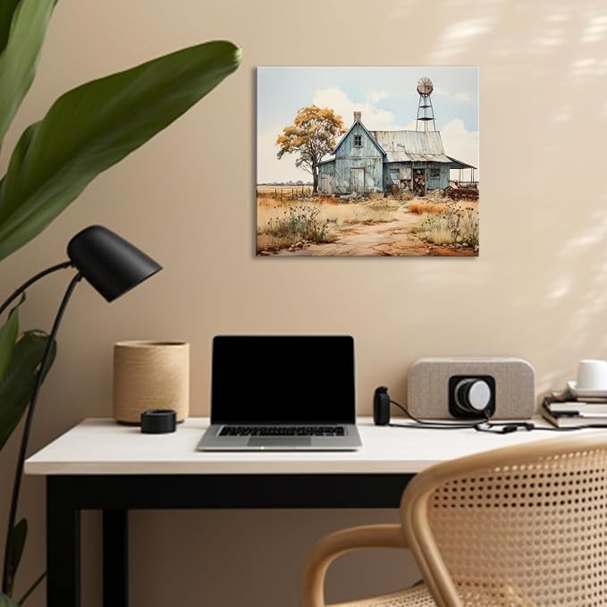 CYULWNNO Farmhouse Canvas Wall Art Old Barn Prints Posters Country Landscape Painting Pictures Country Road Wall Decor Framed for Dining Room Bathroom Living Room Bedroom