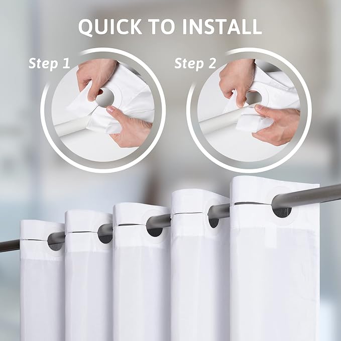 Extra Wide No Hook Shower Curtain,96 Inch Width White Fabric Shower Curtains with 12 Plastic Built-in Hooks,Waterproof & Machine Washable Hotel Style for Bathroom,96x72 Inch