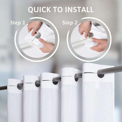 Extra Wide No Hook Shower Curtain,96 Inch Width White Fabric Shower Curtains with 12 Plastic Built-in Hooks,Waterproof & Machine Washable Hotel Style for Bathroom,96x72 Inch