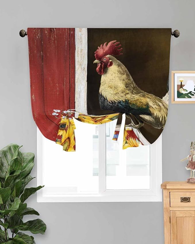 Tie Up Curtains for Windows, Chicken Sunflowers Adjustable Balloon Nature Linen Textured Kitchen Curtain, Farmhouse Animals Red Barn Bees Privacy Curtains Balloon Blind for Cafe, 42 x 63 Inches