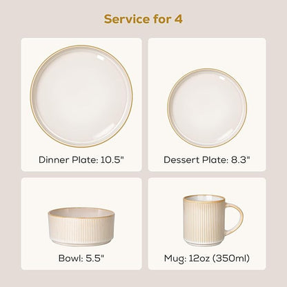 Romswi Dinnerware Set for 4, 16Pcs Stoneware Plates and Bowls Sets with Mugs, Chip & Scratch Resistant Dish Set, Handmade Reactive Glaze Plate Set, Oven,Microwave and Dishwasher Safe, Cappuccino White