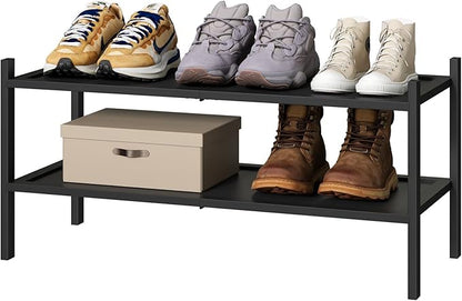 2-Tier Black Bamboo Shoe Rack, Stackable Bamboo Wood Shoe Rack for Closet, Entryway & Hallway