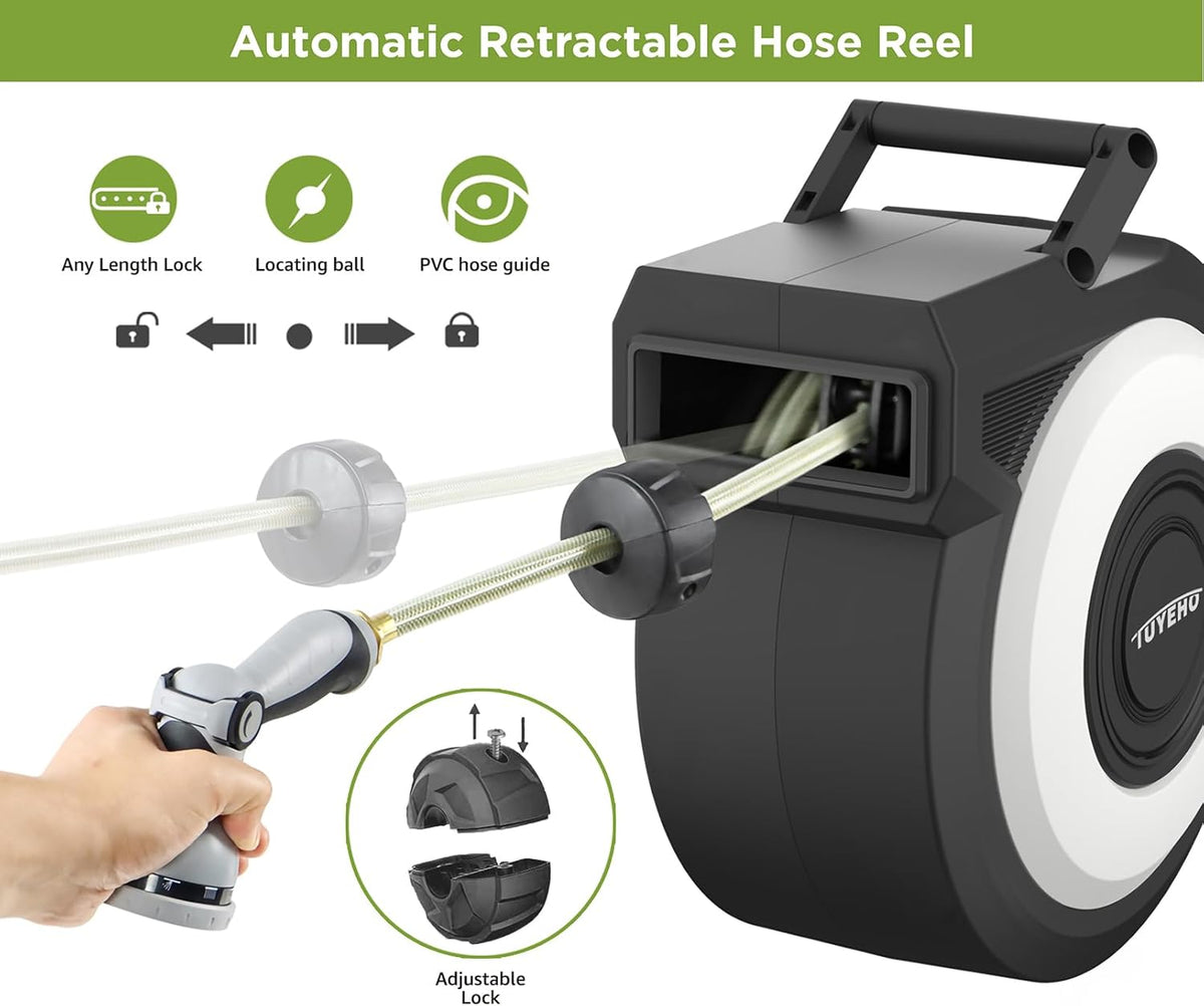 Tuyeho Retractable Garden Hose Reel 90 FT, Wall Mount Heavy Duty Water Hose Reels with Automatic Slow Rewind System, Outdoor Hoses Reel with 2 Hose Nozzles for Garden Watering, Car Wash, Pet Shower